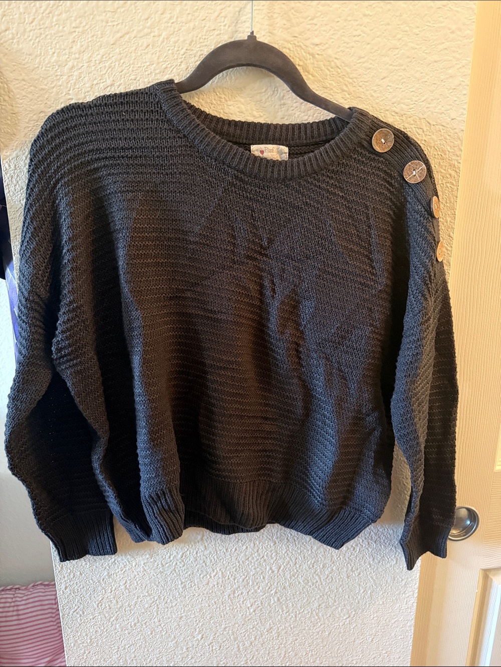 Women's Black Crewneck Button-Shoulder Sweater